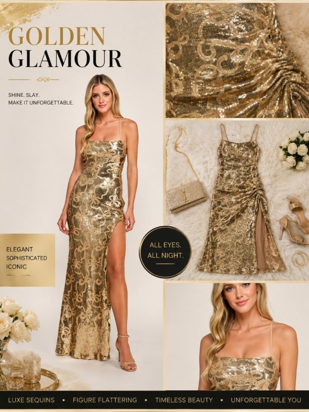 Seni & Cade Gold Sequin Bow Maxi Dress XL NWT